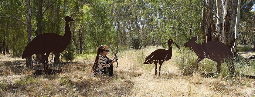 Kangaroo, Ibis and Emu steel sculptures at Kaurna Park Wetlands