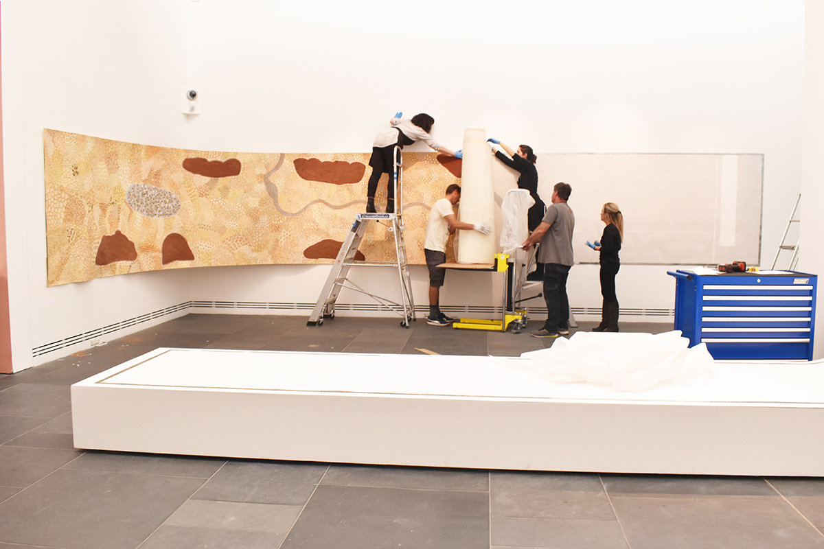 Installation of Being in Country – Woorrilbem to Thamberalm, Peggy Griffiths-Madij, Art Gallery of South Australia, Adelaide with Artlab Paper Conservators and Art Gallery installation team. Image: Artlab Australia